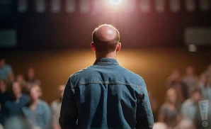 A bald man in a denim jacket stands on a stage, facing a blurred audience under a bright spotlight.